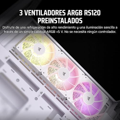 CORSAIR 3500X ARGB Media-Torre ATX Caja de PC de Doble Cámara - Cristal Templado Panorámico - Compatible Placa Base de Conexión Inversa - 3x Ventiladores CORSAIR RS120 ARGB Incluidos - Blanco