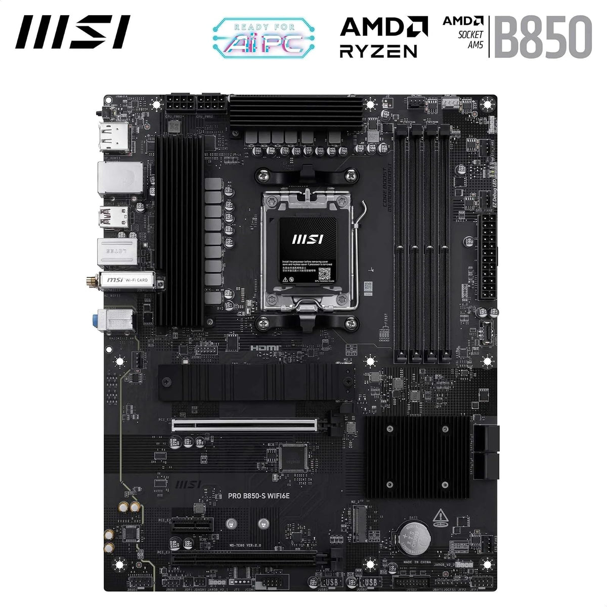 MSI Pro B850-S WIFI6E Motherboard, ATX - Compatible con procesadores AMD Ryzen 9000/8000 / 7000, AM5 - DDR5 Memory Boost (8200+ MT/s OC), PCIe 4.0 x16, M.2 Gen5, Wi-Fi 6E, LAN 2.5G