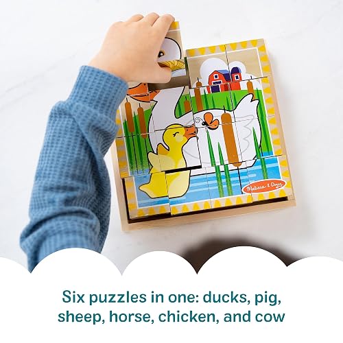 Melissa & Doug Rompecabezas de Cubos Animales de la Granja, Seis Rompecabezas en Uno, Juguete de Madera, Juguete de Desarrollo (16 Cubos y Bandeja) - Certificados FSC
