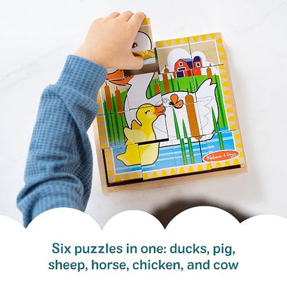 Melissa & Doug Rompecabezas de Cubos Animales de la Granja, Seis Rompecabezas en Uno, Juguete de Madera, Juguete de Desarrollo (16 Cubos y Bandeja) - Certificados FSC