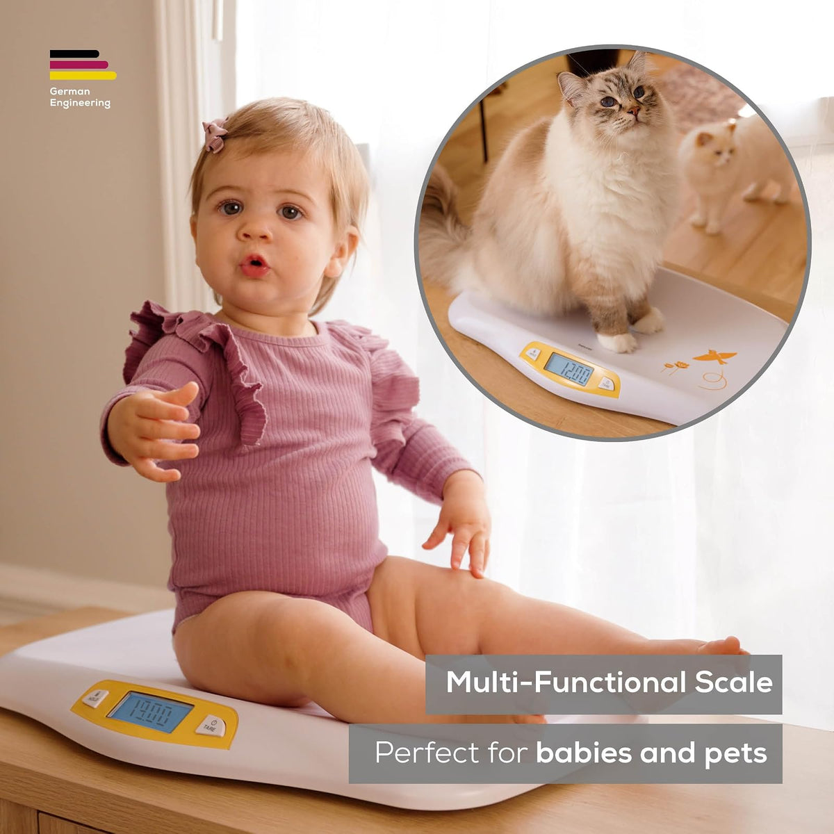 Beurer BY80 Báscula digital para bebé, báscula para bebés para pesar en libras, onzas o kilogramos de hasta 44 libras, báscula para bebés recién nacidos con función de sujeción, báscula para mascotas