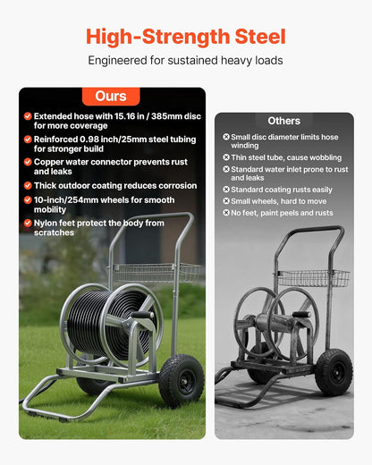VEVOR Carro Portamangueras de Jardín de Alta Presión de 60/90 Metros, con Dos Ruedas, Asa y Cesta de Almacenamiento de Malla Resistente, para Jardín, Automóvil y Mascotas, 675 x 610 x 900 mm, Plata