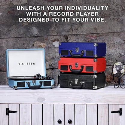 Victrola Journey - Tocadiscos de Maleta Bluetooth - Blanco Altavoces estéreo Integrados, Tocadiscos de 3 velocidades Reproduce Discos de 7", 10" y 12", transmisión Bluetooth, Salida para Auriculares