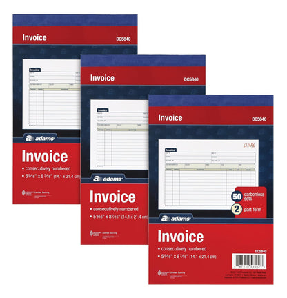 Adams DC5840-3 Libro de Facturas de Dos Partes, Pack de 3, 150 Facturas sin Carbono, Horizontal 14 x 21 cm