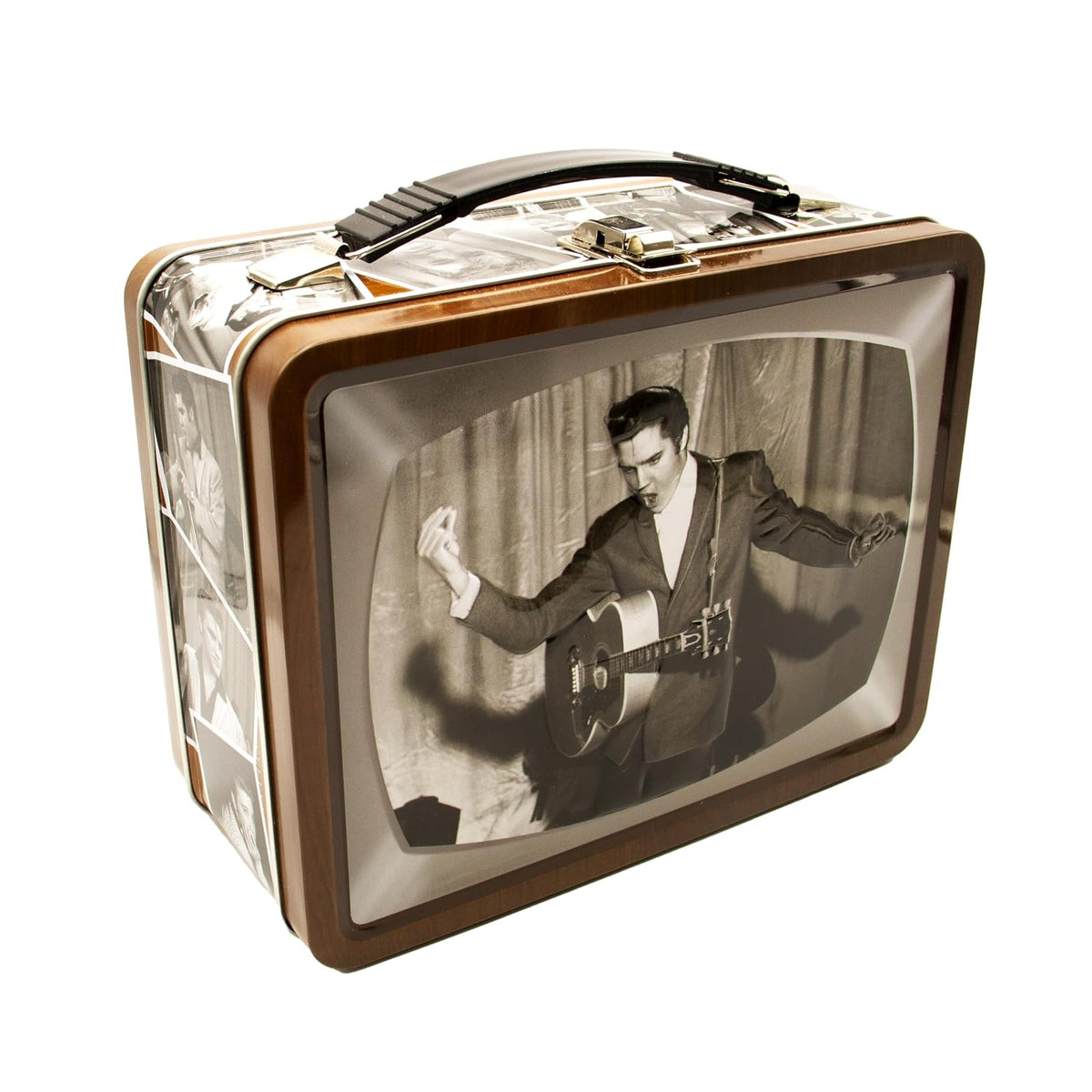 AQUARIUS Elvis TV Fun Box - Caja de almacenamiento de lata resistente con mango de plástico y cubierta frontal en relieve, con licencia oficial de Elvis y regalo coleccionable