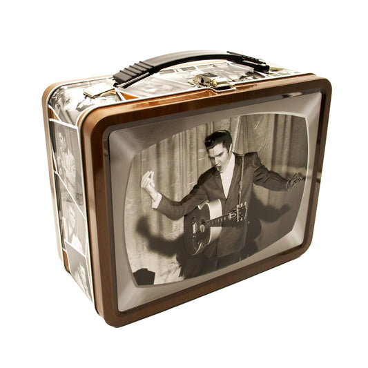 AQUARIUS Elvis TV Fun Box - Caja de almacenamiento de lata resistente con mango de plástico y cubierta frontal en relieve, con licencia oficial de Elvis y regalo coleccionable