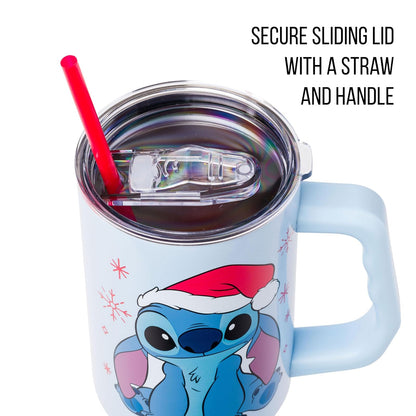 Silver Buffalo Disney Lilo and Stitch - Vaso de acero inoxidable con mango y popote, para Navidad, diseño de Papá Noel, con diseño de copos de nieve, se adapta a portavasos estándar, 40 onzas
