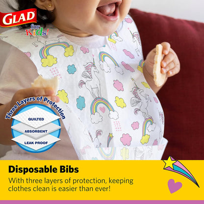 Glad for Kids - Baberos desechables de papel de unicornio con recogedor de migas para alimentar, absorbentes y a prueba de fugas, artículos imprescindibles para comidas sin desorden, 30 unidades