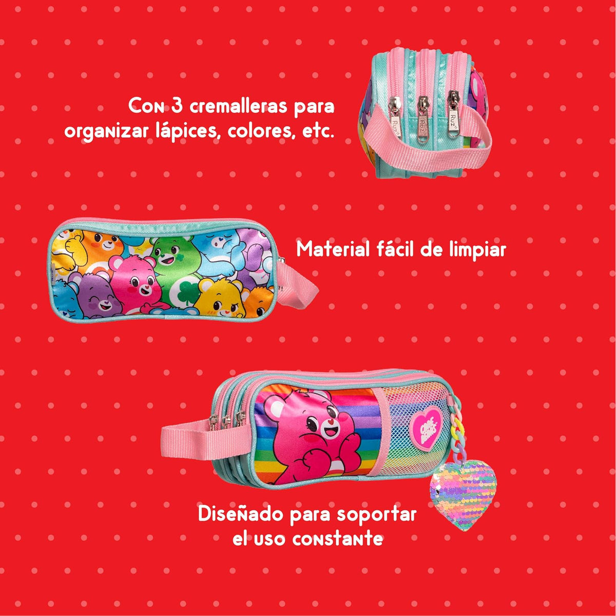 Ruz Lapicera Triple Infantil y Preescolar | Care Bears | 100% Poliéster | Estuche Escolar para Niños con 2 Compartimentos y Cierre de Cremallera | Recomendado desde 3 años