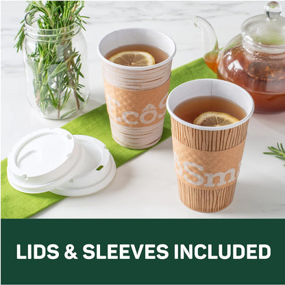 EcoSmart® - Vasos de papel de fibra 100% reciclada, tazas de café desechables de 16 onzas con tapas y mangas, 96 tazas ecológicas (6 paquetes combinados de 16 tazas, tapas y fundas)