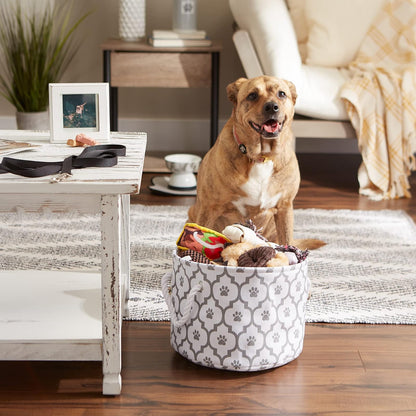 DII Bone Dry Small Round Pet Toy and Accessory Storage Bin, 12"(Dia) x 9"(H), Collapsible Organizer Storage Basket for Home Décor, Pet Toy, Blankets, Leashes and Food-Gray Lattiec Paw Print