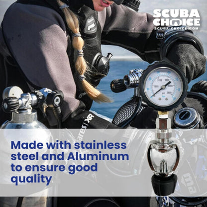 Scuba Choice - Comprobador de presión de tanque de yugo de buceo 5000 PSI 350 BAR - Medidor de presión preciso para tanques de válvulas de yugo 7 pulgadas de largo 2-1/4 pulgadas de ancho - Fabricado