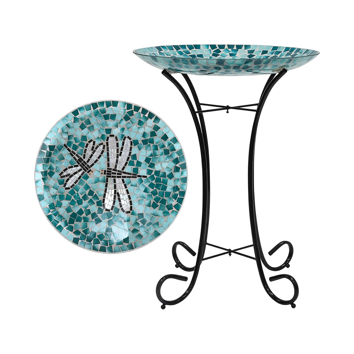 Alpine Corporation 24" Tall Outdoor Mosaic Dragonfly Glass Birdbath Bowl with Metal Stand