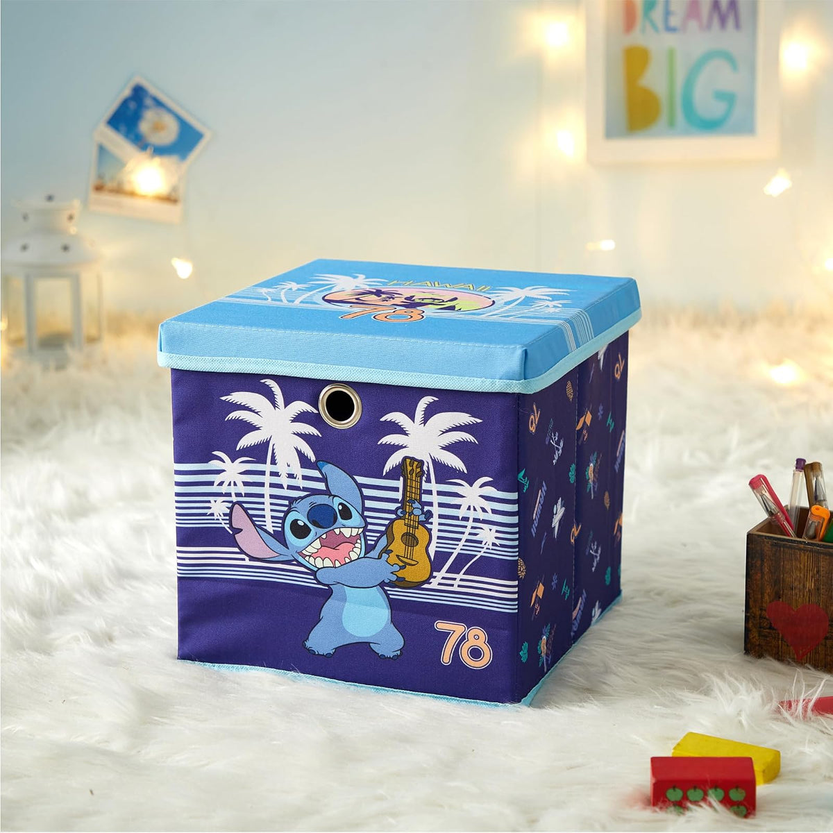 Idea Nuova cubeta de almacenamiento plegable Lilo & Stitch con tapa extraíble, 10 x 10 x 10 pulgadas, organizador de tela para juguetes, ropa y accesorios, recámara o sala de juegos