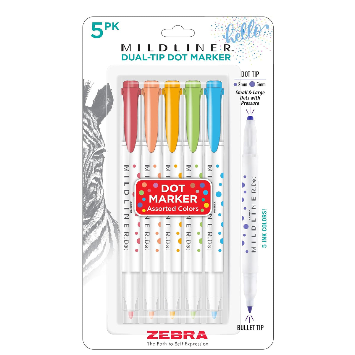 Zebra Pen Mildliner Marcador Doble Punta 73405 | Colores Surtidos, Paquete de 5, Tinta Pigmentada a Base de Agua, Puntas Extra Finas Bala y Puntos