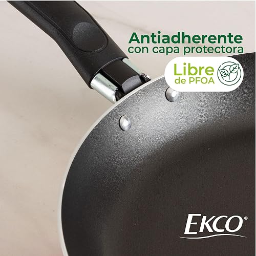 Ekco | Batería de Cocina 32 Piezas de Aluminio Antiadherente Negro | Antiadherente, fácil limpieza, tapas vidrio, utensilios nylon, comida saludable, calor uniforme, libre PFOA, certificado NOM
