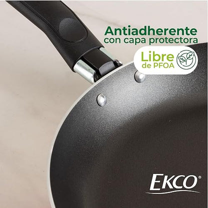 Ekco | Batería de Cocina 32 Piezas de Aluminio Antiadherente Negro | Antiadherente, fácil limpieza, tapas vidrio, utensilios nylon, comida saludable, calor uniforme, libre PFOA, certificado NOM
