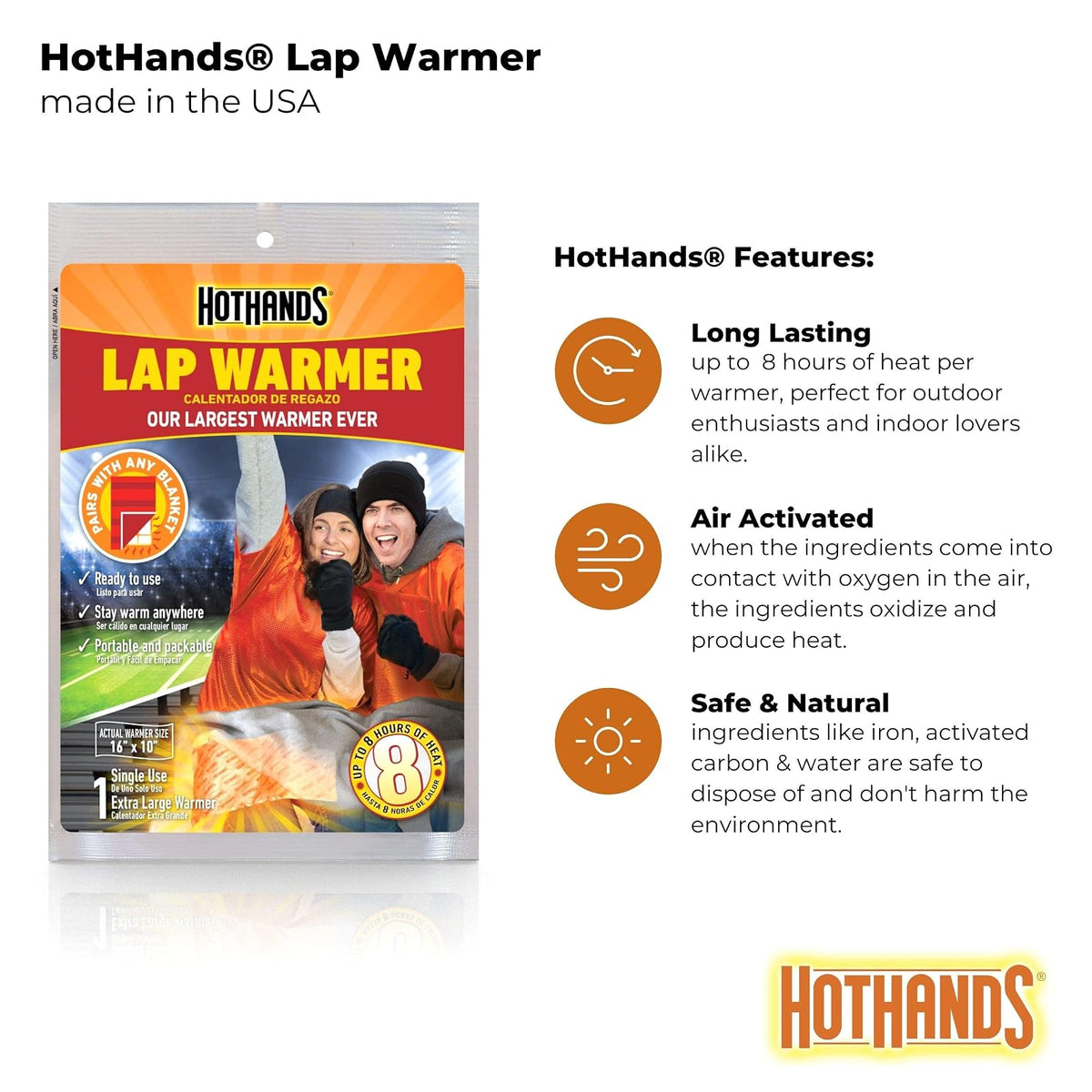 HotHands - Calentador de Regazo más Grande, 16 x 10 Pulgadas, hasta 8 Horas de Calor de Larga duración, 1 Calentador de Vuelta, Color café