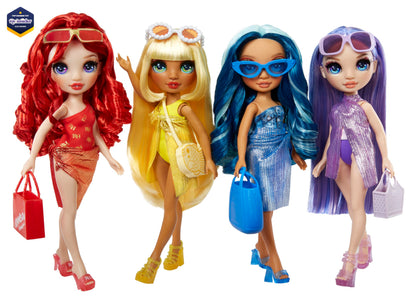 Rainbow High Swim & Style - Skyler (Azul) - Muñeca de 28 cm con Pareo para más de 10 Estilos - Traje de baño removible, Sandalias, Accesorios - para niños y niñas - Edades: 4-12 años