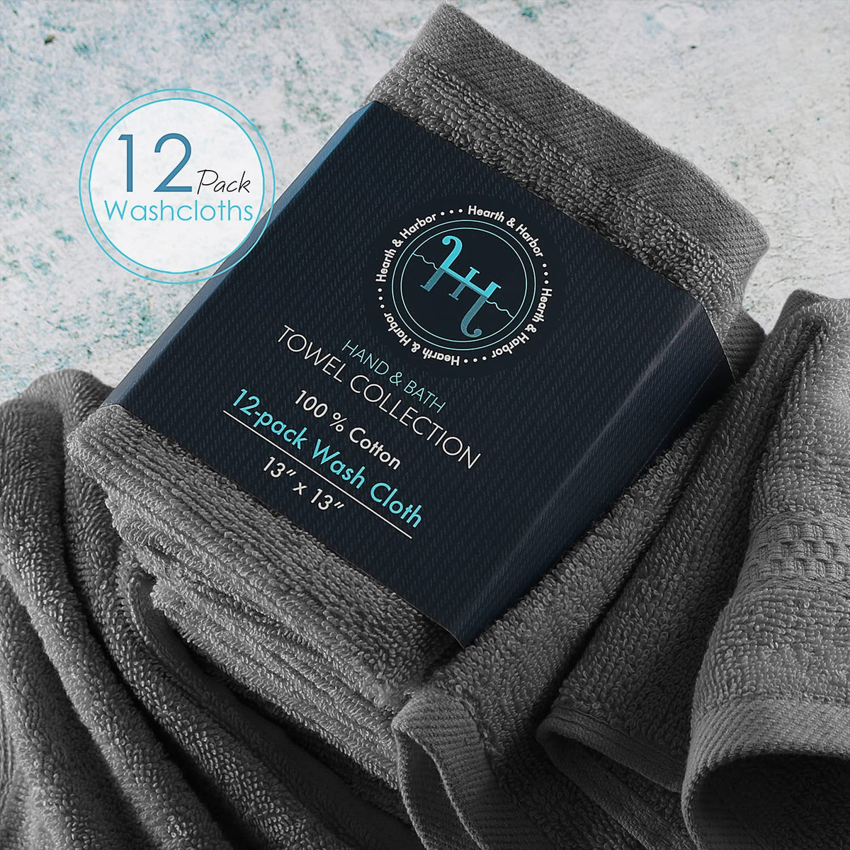 Hearth & Harbor Paquete de 12 Paños de 13 x 13 Pulgadas, 100% Algodón Peinado, Ultra Suaves, Alta Absorción, Secado Rápido, Gris Oscuro