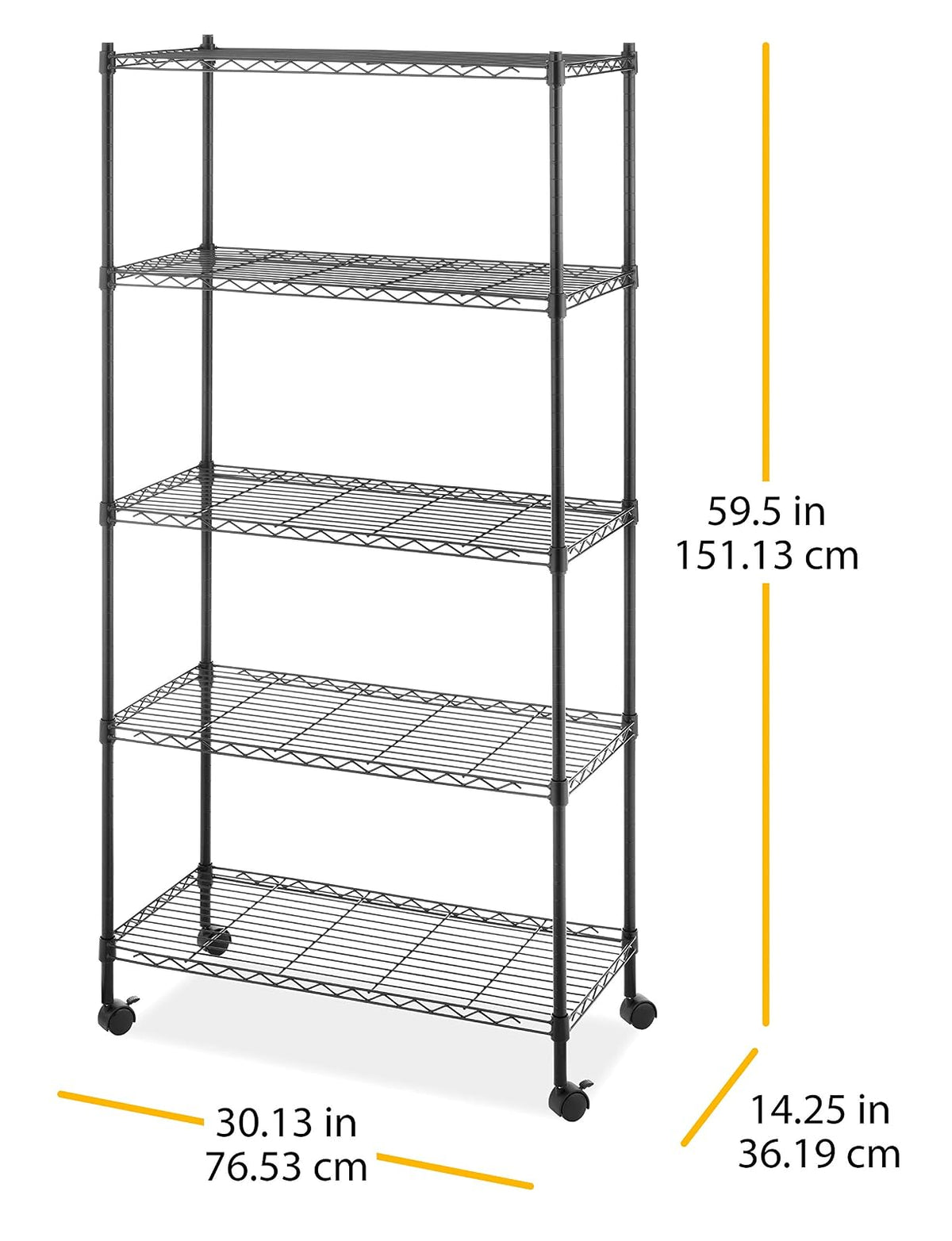 Whitmor - Estantería Suprema de 5 Niveles, estantes de Almacenamiento de Metal, Estante Ajustable Resistente con Ruedas, Capacidad de 400 Libras por Estante, 2000 Libras en Total para despensa