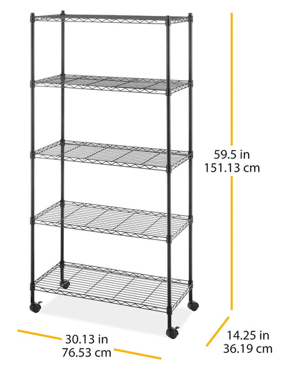 Whitmor - Estantería Suprema de 5 Niveles, estantes de Almacenamiento de Metal, Estante Ajustable Resistente con Ruedas, Capacidad de 400 Libras por Estante, 2000 Libras en Total para despensa