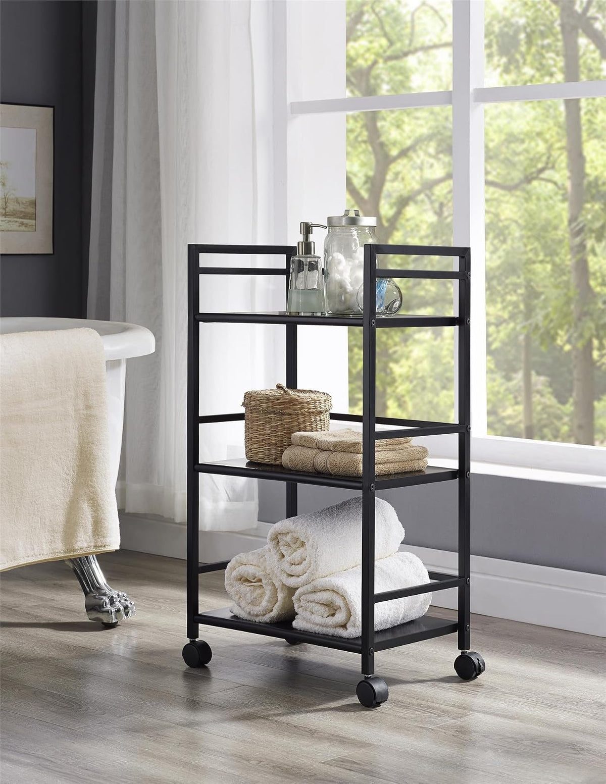 Ameriwood Home Marshall 3 Shelf Metal Rolling Utility Cart, Black