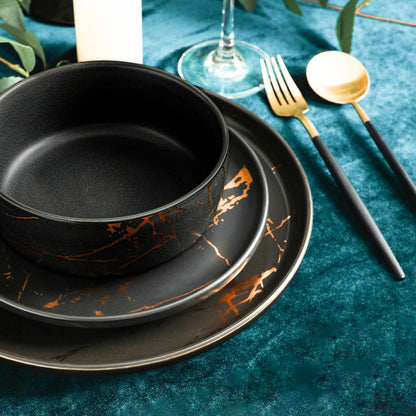 Stone Lain Modern Gold Splash Exquisito juego de vajilla de porcelana fina, 16 piezas, servicio para 4, negro y dorado