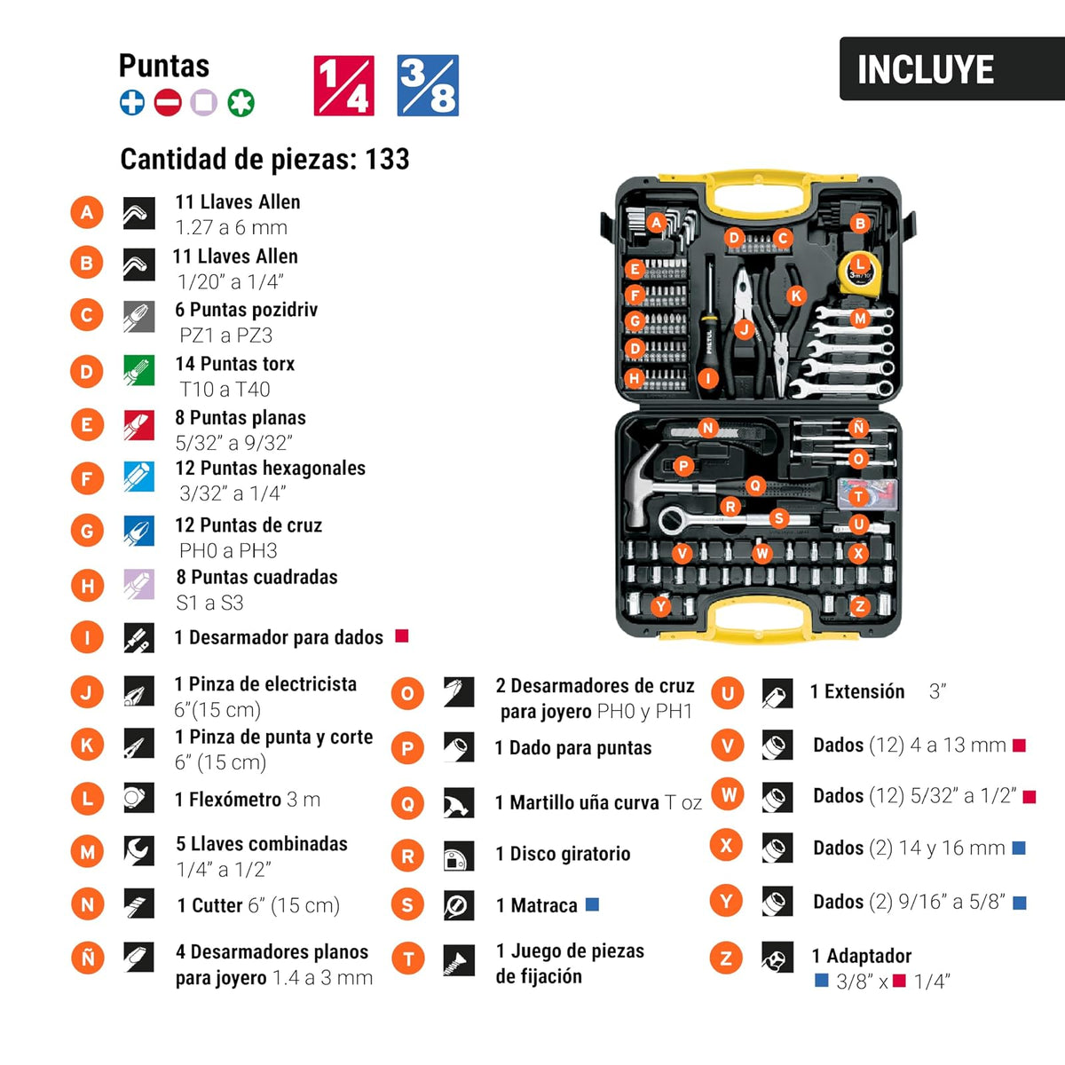 Pretul Set de Herramientas SET-133 133 Piezas | Estuche plástico, llaves y desarmadores, dados, flexómetro, garantía