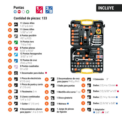 Pretul Set de Herramientas SET-133 133 Piezas | Estuche plástico, llaves y desarmadores, dados, flexómetro, garantía