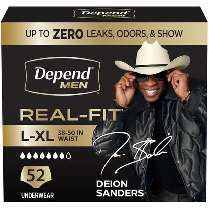 Depend Real Fit Incontinence Maximum Absorbency Briefs for Men, Large/X-Large, 52 Count, Black,