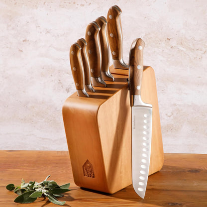 - Juego de 7 cuchillos de cocina de madera de olivo italiano alemán forjado de acero inoxidable, dos veces la marca ganadora de las cosas favoritas de Oprah