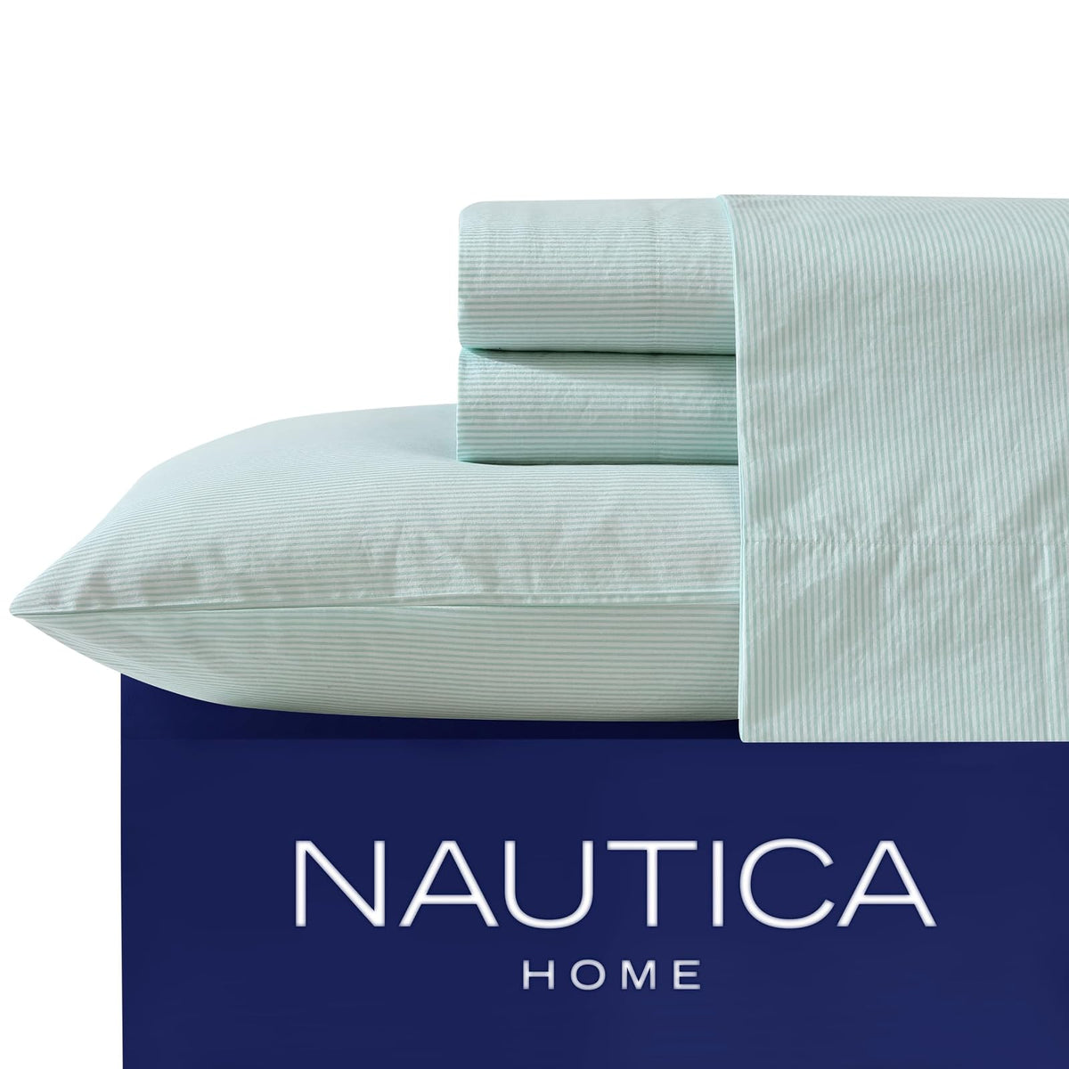 Nautica - Juego de sábanas King, Juego de sábanas de percal de algodón, crujiente y Fresco, Ligero y Transpirable (Penny Pinstripe Green, King)