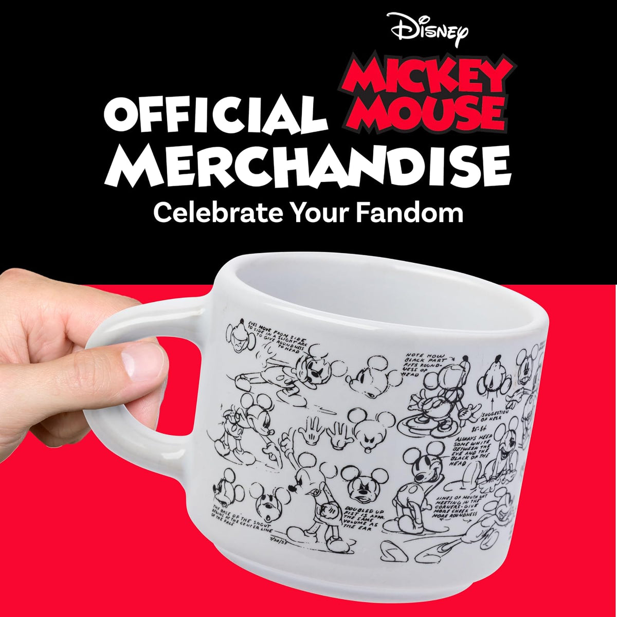 Silver Buffalo Disney Mickey Mouse clásico Sketches Art 4 piezas apilables de cerámica espresso juego de tazas pequeñas, 3 onzas