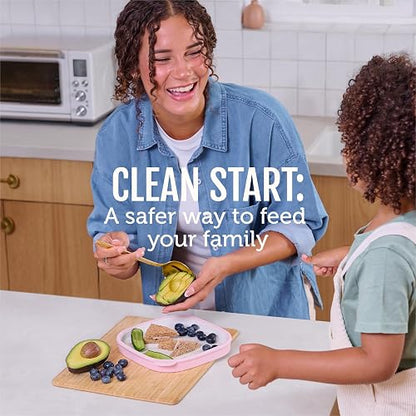 Ello Clean Start - Juego de 2 platos de cerámica sin BPA con funda de silicona para bebés y niños pequeños, apto para microondas y lavaplatos, sin plástico, apto para sillas altas, color azul