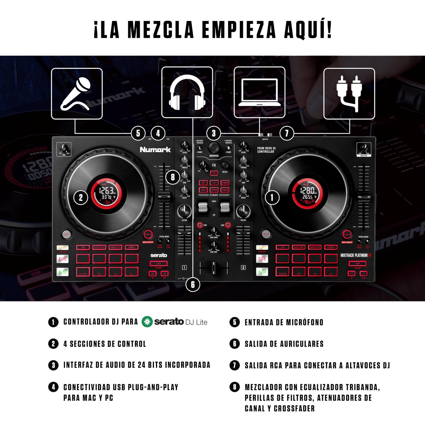 Numark Mixtrack Platinum FX Controlador DJ Para Serato DJ Con Control de 4 Secciones, Mezclador DJ, Interfaz de Audio Incorporada, Pantallas en Las Ruedas de Selección y Paletas de Efectos