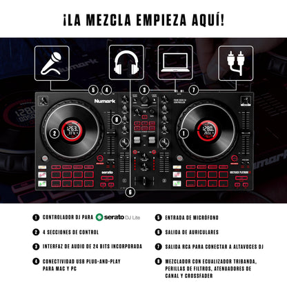 Numark Mixtrack Platinum FX Controlador DJ Para Serato DJ Con Control de 4 Secciones, Mezclador DJ, Interfaz de Audio Incorporada, Pantallas en Las Ruedas de Selección y Paletas de Efectos