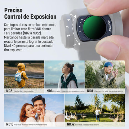 NEEWER Filtro Variable ND2-32 Compatible con dji Osmo Pocket 3,Filtro ND Ajustable Magnético 1-5 Paradas Limitadas,Accesorios Cámara Acción,Vidrio Óptico HD,Incluye 2 Protectores Pantalla LCD,FL-50
