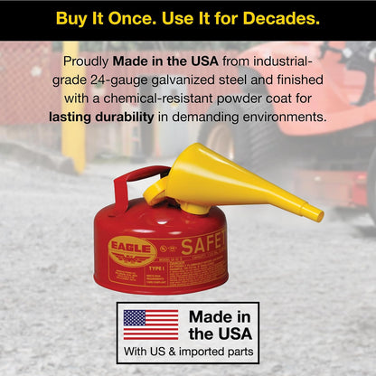 Eagle UI-10-FS Red Galvanized Steel Type I Gasoline Safety Can with Funnel, 1 gallon Capacity, 8" Height, 9" Diameter