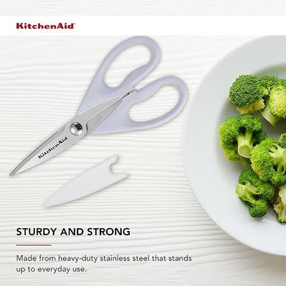 KitchenAid - Tijeras de cocina multiusos con funda protectora, tijeras duraderas de acero inoxidable, aptas para lavaplatos, mango cómodo de agarre suave, 8.72 pulgadas, color crema lavanda