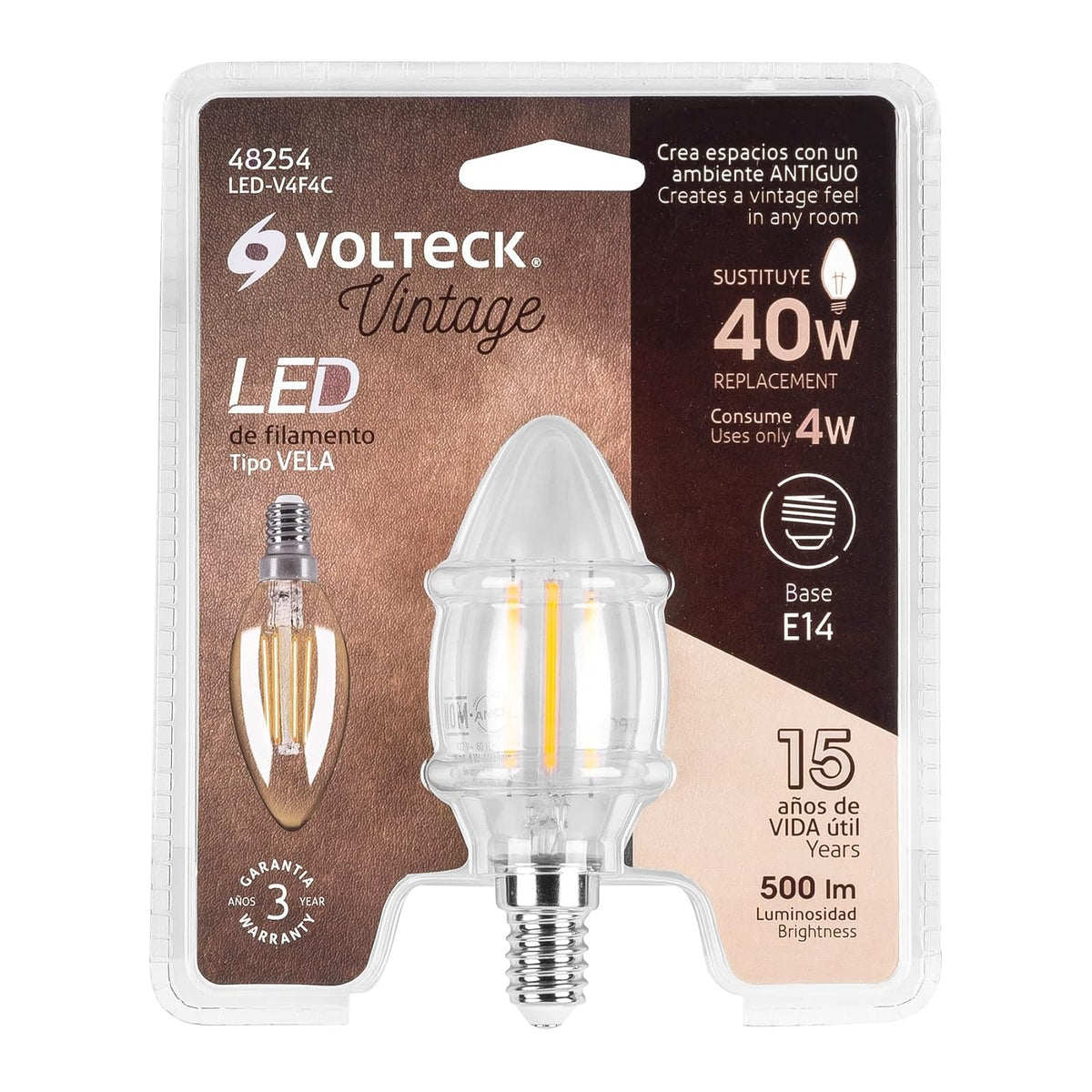 Volteck LED-V4F4C, Lámpara LED tipo vela 4 W con filamento base E14 luz cálida