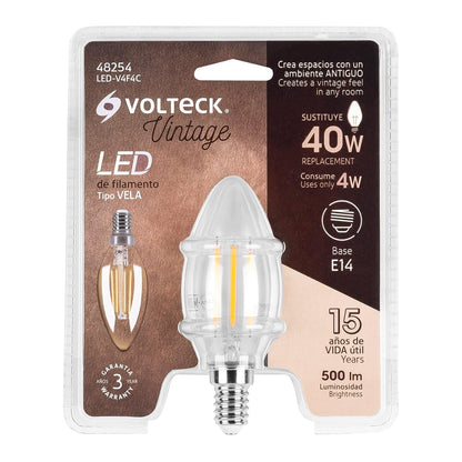Volteck LED-V4F4C, Lámpara LED tipo vela 4 W con filamento base E14 luz cálida