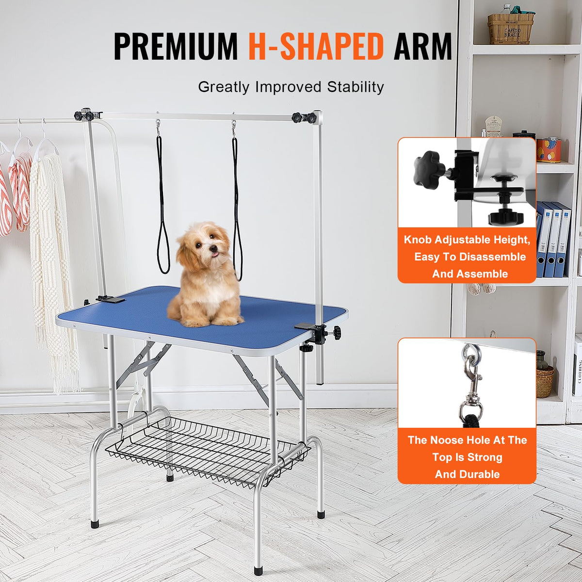 VEVOR Mesa Plegable de Aseo para Mascotas 914,4x609,6 mm Mesa de Aseo para Perros Carga de 149,7 kg Mesa de Peluquería para Perros de Acero Inoxidable con 2 Pinzas 2 Cuerdas Cesta de Almacenamiento