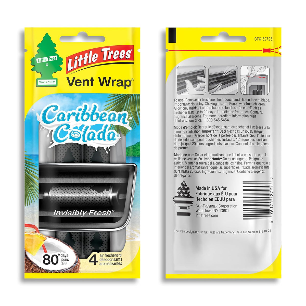 Little Trees Ambientador para Automóvil con Envoltura de Ventilación, Caribbean Colada (16 Ambientadores), CTK-52725-24