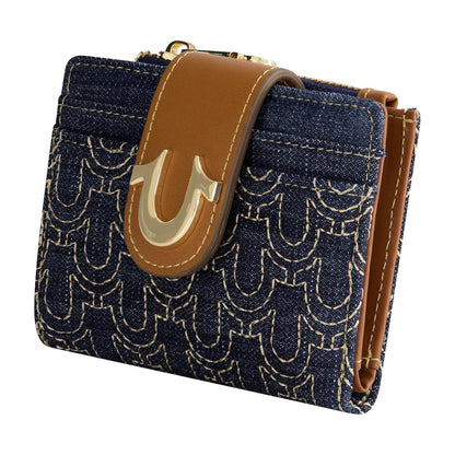 True Religion - Mini portafolios para mujer, con logotipo de herradura, pequeño y compacto, de mezclilla oscuro, talla única, Mezclilla oscura