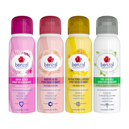 Benzal Spray Íntimo 4 Pack Odor-Block Manzanilla Piel Sensible Baby Power, 120ml c/u