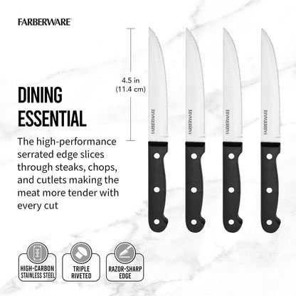 Farberware Juego de 4 cuchillos de carne de acero inoxidable con triple remache 'Never Needs Sharpening', color negro