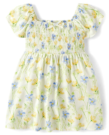 The Children's Place Vestido Elegante de Manga Abombada para Niña, Cuadros Rosa - Manga con voloteo blanca Wildflower - 5 Años