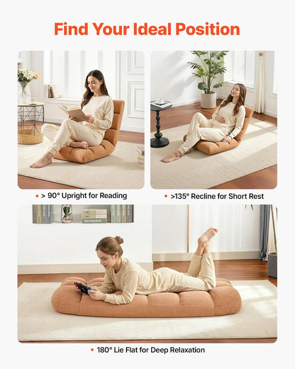 VEVOR Sillón de Suelo Relax, Sillón Reclinable con Respaldo Ajustable en 14 Posiciones, Acolchado de Espuma y Tapizado de Forro Polar Coral, para Lectura Descanso Sala de Estar Dormitorio, Marrón