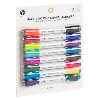 U Brands Marcadores Magnéticos de Borrado en Seco 5017T06-24 | Punta de bala, 8 unidades, 16 colores surtidos, magnéticos, borrador integrado